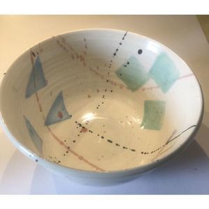 Vintage 10” Studio Art Pottery Post Modern Geometric Splatter Large Bowl Signed